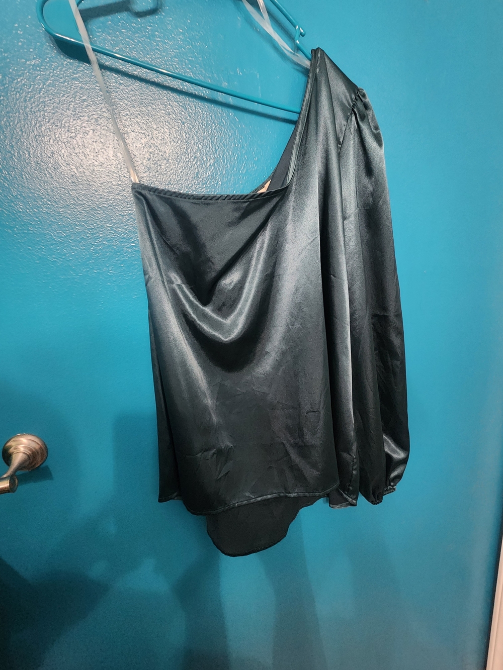 Satin One-Shoulder Dark Teal Long Sleeve Blouse